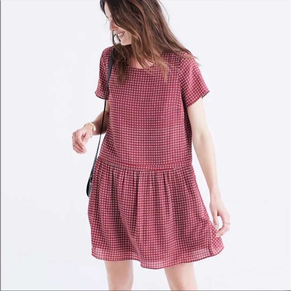 Madewell Brick Red Geometric Short Sleeve Drop-Waist Dress